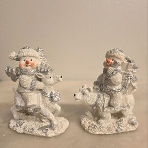 Snowmans Riding Polar Deer /Bear Resin Figurines Cornerstone Creations Vntg 2000